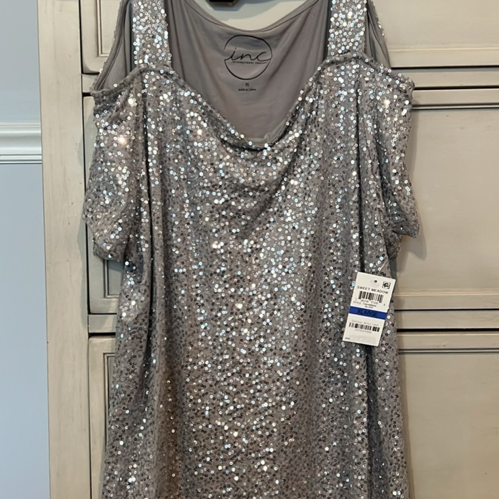 INC International Concepts Silver Sequin Cold-Shoulder Drape Top